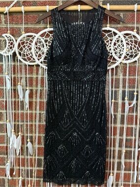 Sue Wong Black Beaded Sleeveless Midi Dress